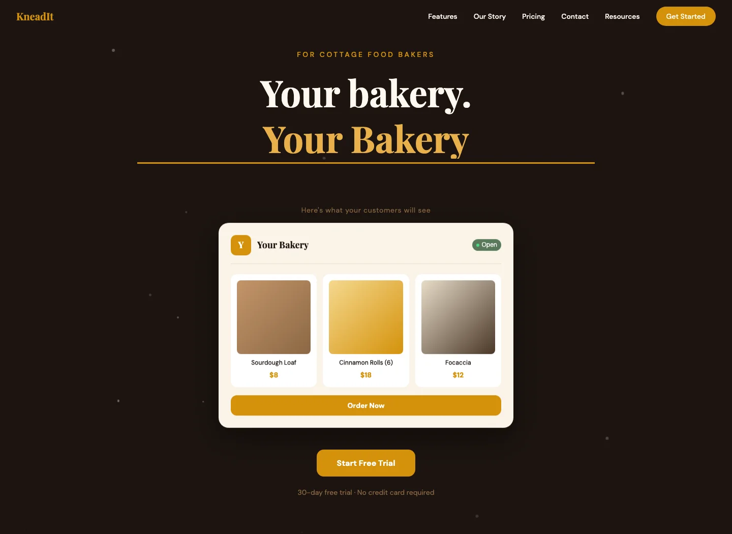 KneadIt’s public marketing website showing a demonstration bakery storefront.